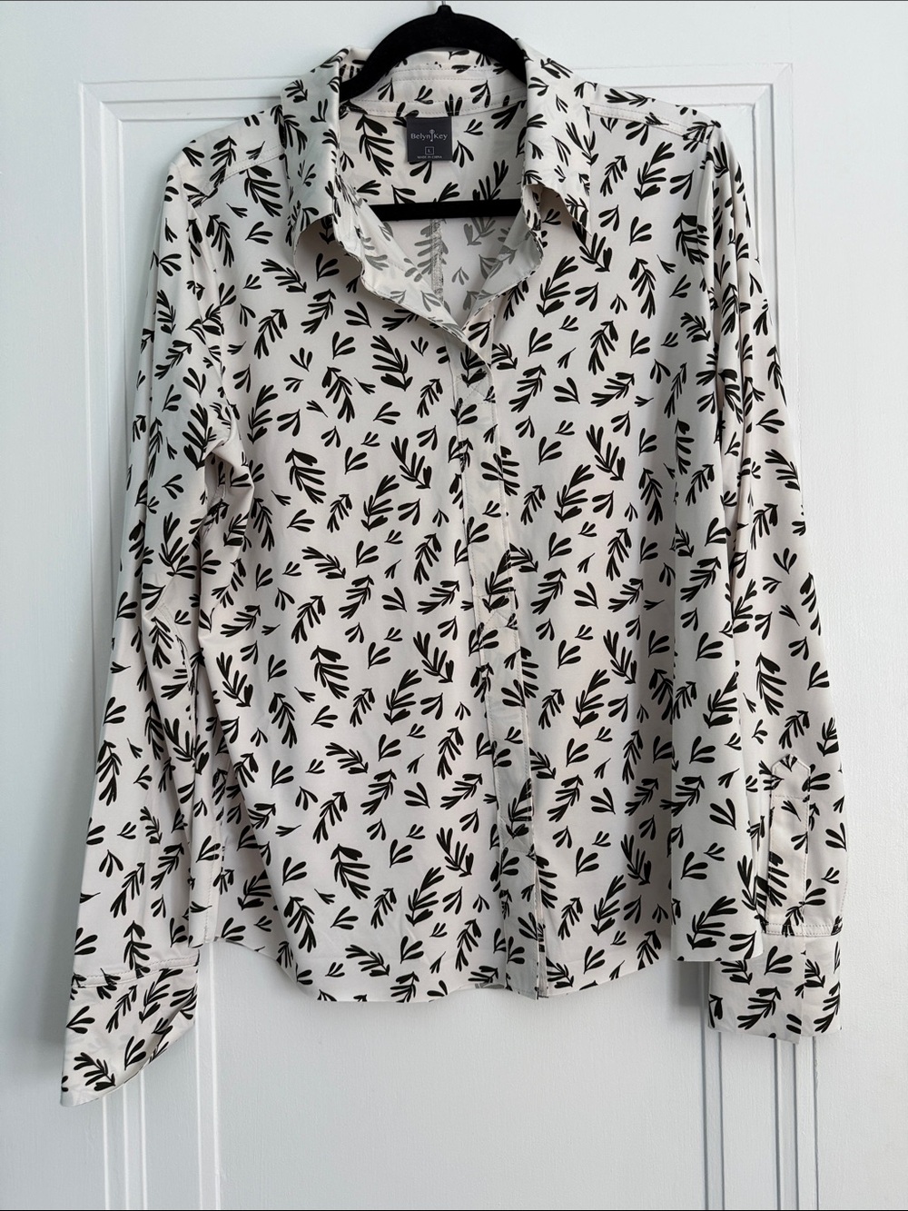 Belyn Key Cream Button-Down Shirt with Black Leaf Print